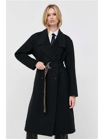 Vlněný kabát BOSS černá barva přechodný dvouřadový