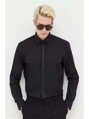 Bavlněná košile HUGO černá barva slim s klasickým límcem