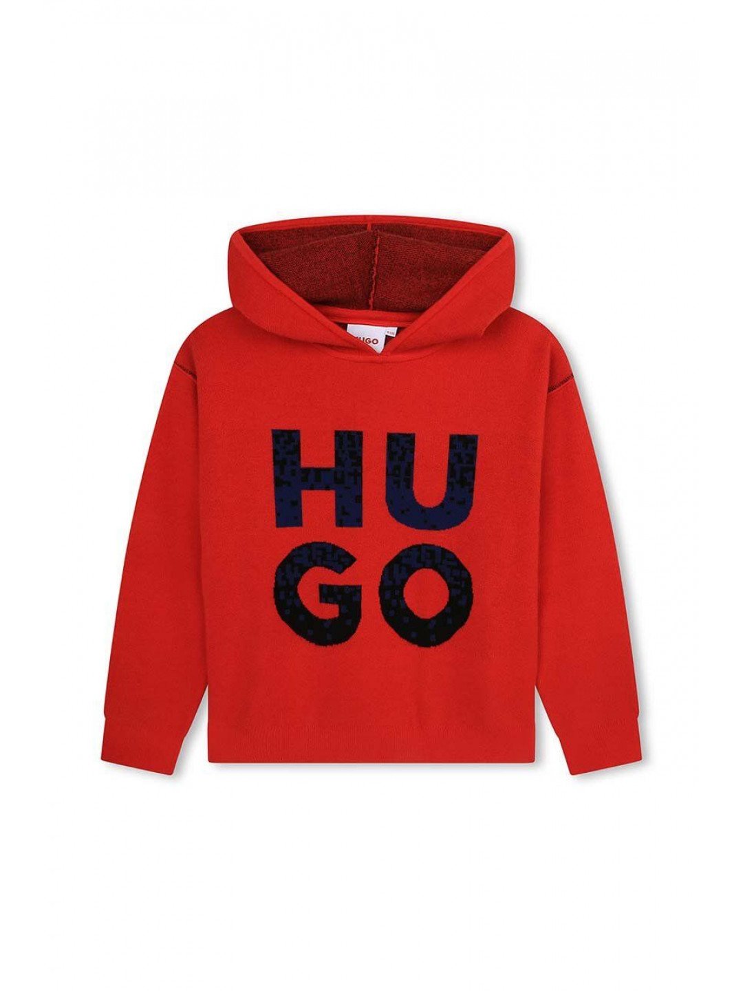 Dětská mikina HUGO červená barva s kapucí s potiskem
