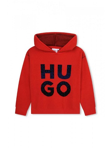 Dětská mikina HUGO červená barva s kapucí s potiskem