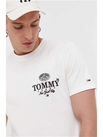 Bavlněné tričko Tommy Jeans béžová barva s aplikací