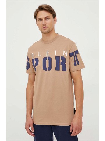 Bavlněné tričko PLEIN SPORT béžová barva s potiskem