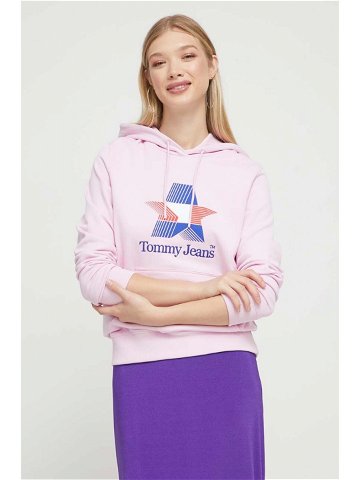 Bavlněná mikina Tommy Jeans dámská růžová barva s kapucí s potiskem