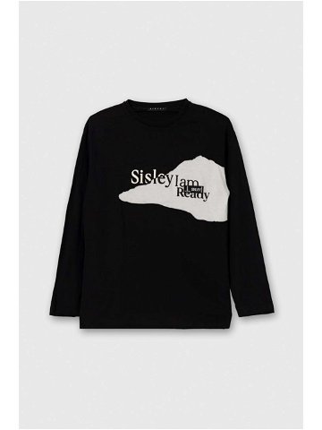 Dětské bavlněné tričko s dlouhým rukávem Sisley černá barva s potiskem