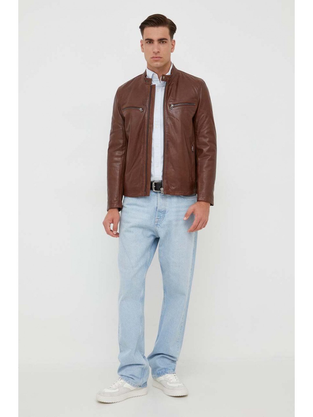 Kožená bunda Pepe Jeans pánská hnědá barva přechodná