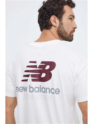 Bavlněné tričko New Balance béžová barva s potiskem