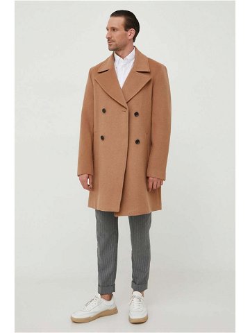Vlněný kabát Guess hnědá barva přechodný dvouřadový