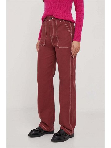 Bavlněné kalhoty United Colors of Benetton vínová barva jednoduché high waist