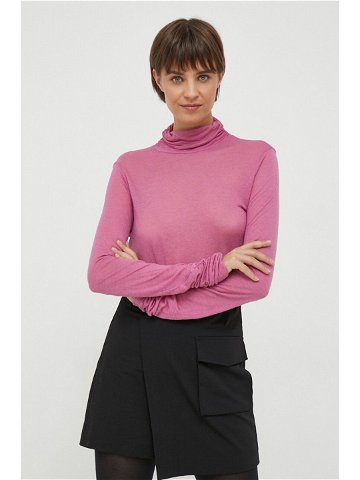 Tričko s dlouhým rukávem s příměsí vlny Sisley růžová barva s golfem