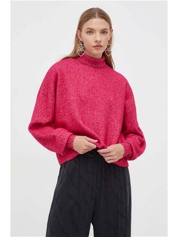 Vlněný svetr HUGO dámský růžová barva lehký s golfem