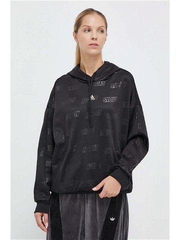 Mikina adidas dámská černá barva s kapucí vzorovaná