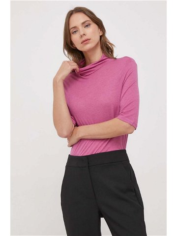 Tričko s příměsí vlny Sisley růžová barva s pologolfem
