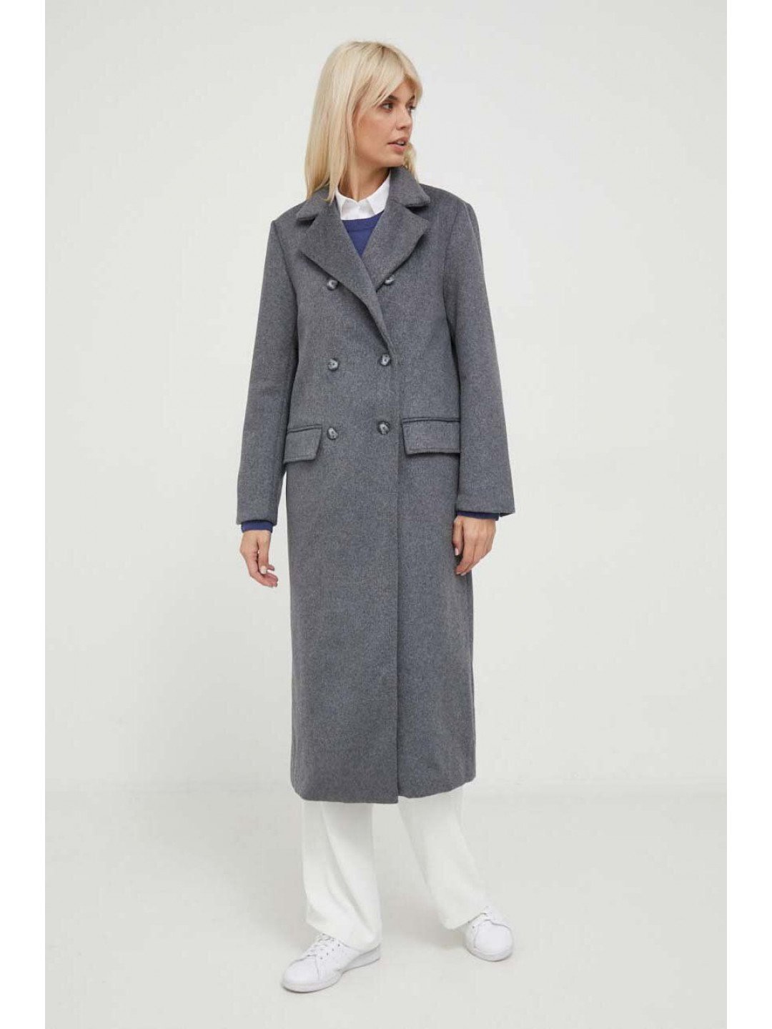 Vlněný kabát Pepe Jeans Madison šedá barva přechodný dvouřadový