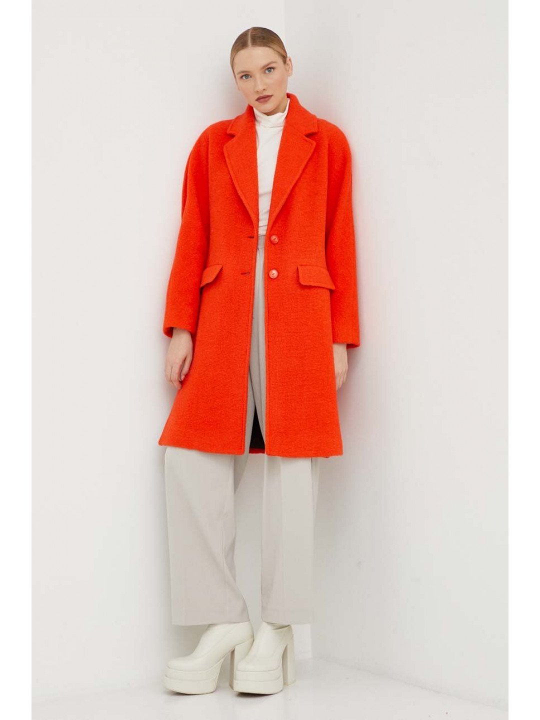 Vlněný kabát Patrizia Pepe oranžová barva přechodný