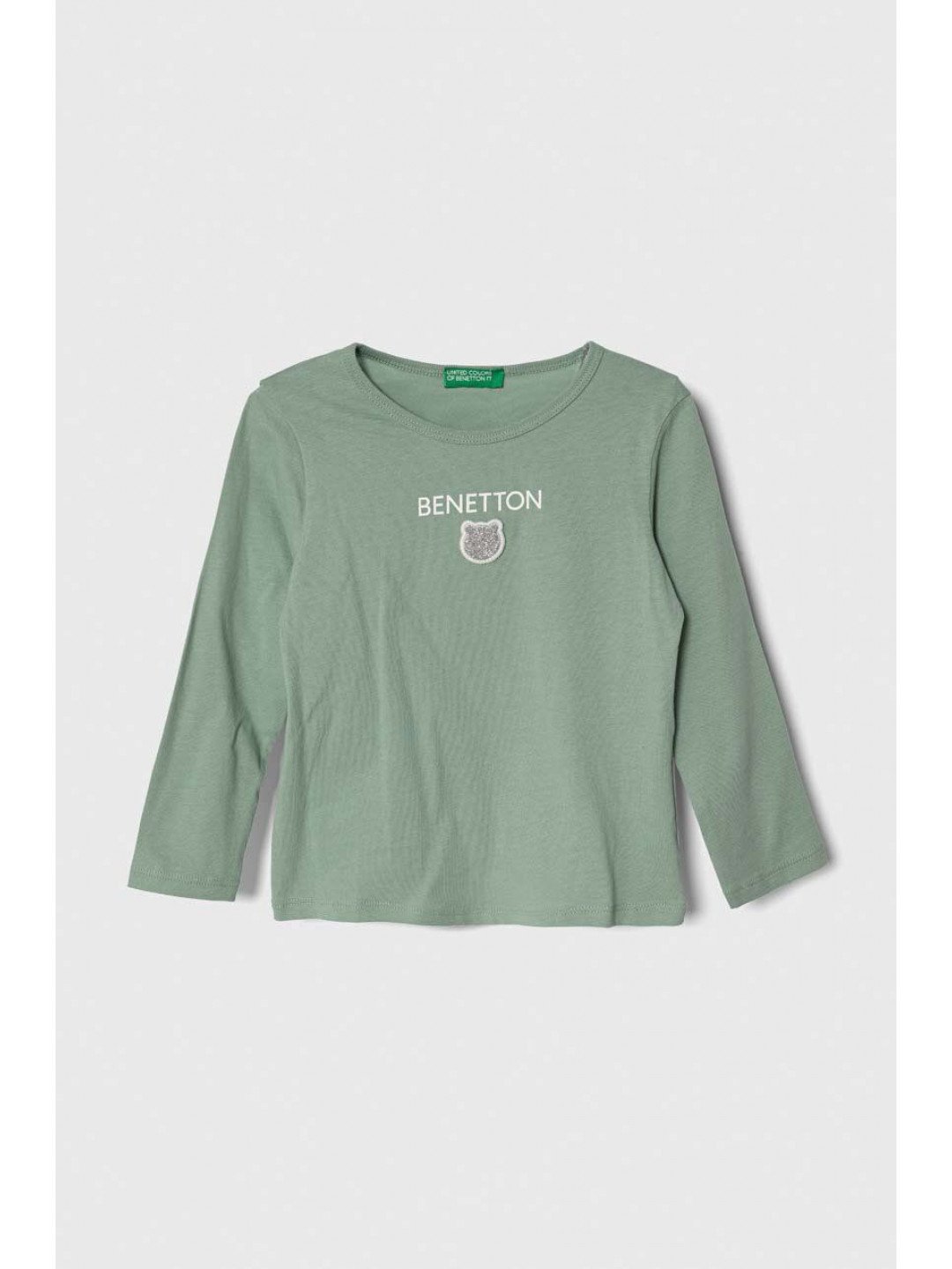 Dětské bavlněné tričko s dlouhým rukávem United Colors of Benetton zelená barva s potiskem