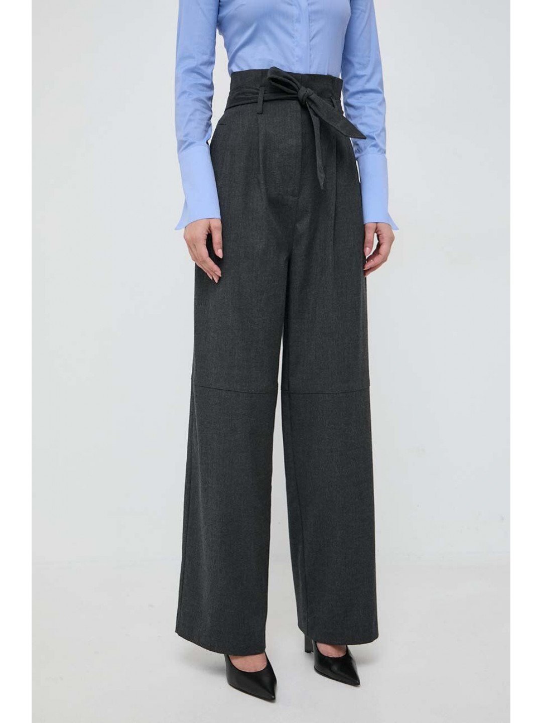 Vlněné kalhoty Pinko šedá barva široké high waist 102203 A1B3