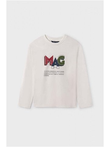 Dětské bavlněné tričko s dlouhým rukávem Mayoral béžová barva s potiskem