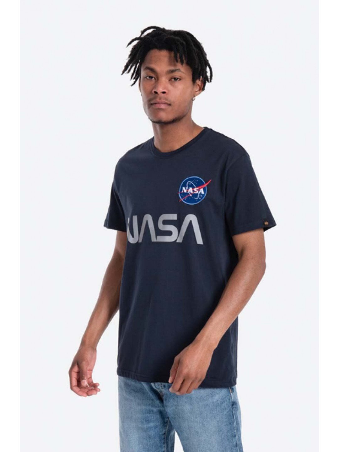 Bavlněné tričko Alpha Industries NASA Reflective T tmavomodrá barva s potiskem 178501 07