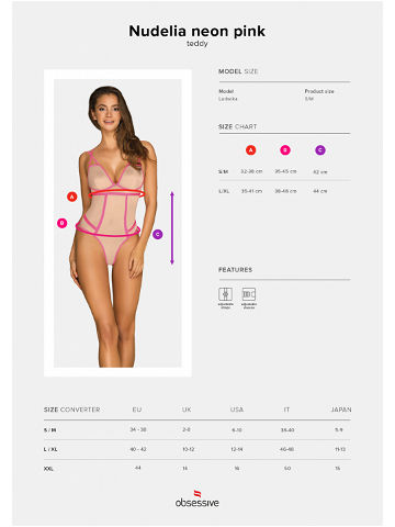 Elegantní body model 15537101 teddy neon pink růžová L XL – Obsessive