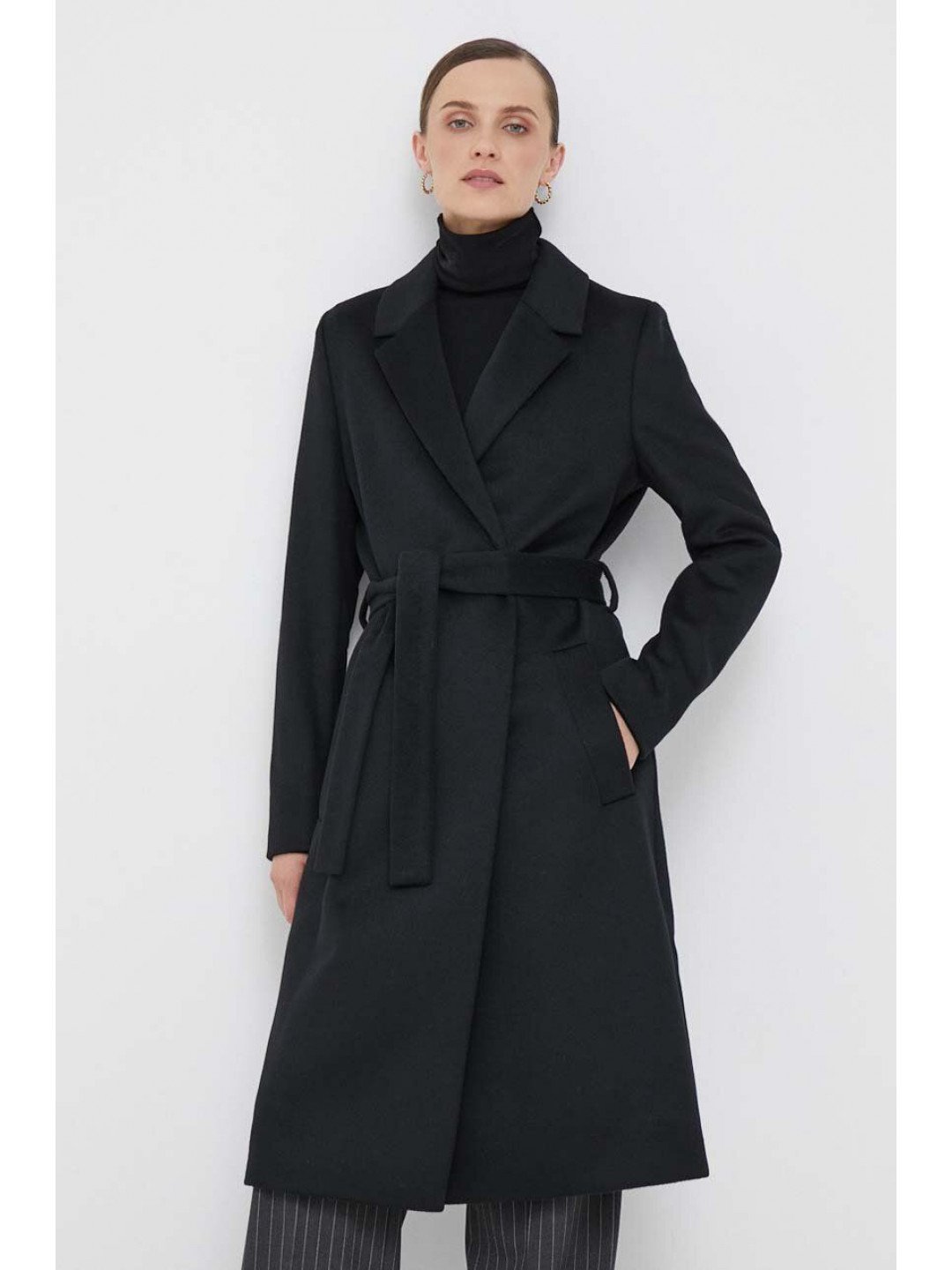 Vlněný kabát Calvin Klein černá barva přechodný dvouřadový