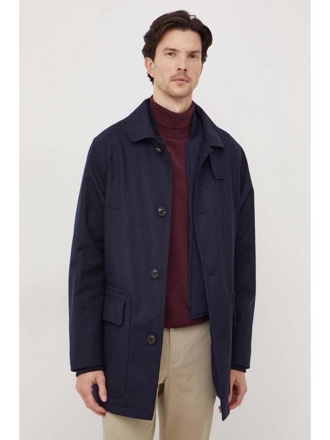 Vlněný kabát Polo Ralph Lauren tmavomodrá barva přechodný