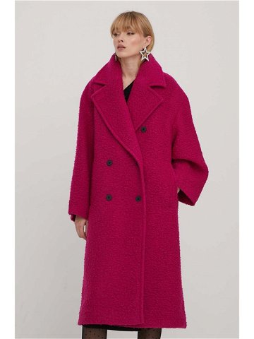 Vlněný kabát HUGO růžová barva přechodný dvouřadový