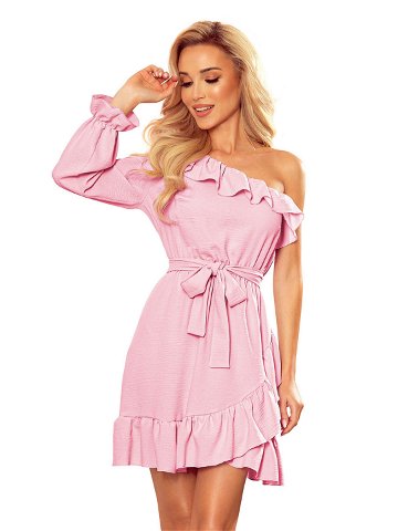 Dámské šaty ve špinavě růžové barvě přes jedno rameno s volánky a zavazováním model 17336320 XL – numoco
