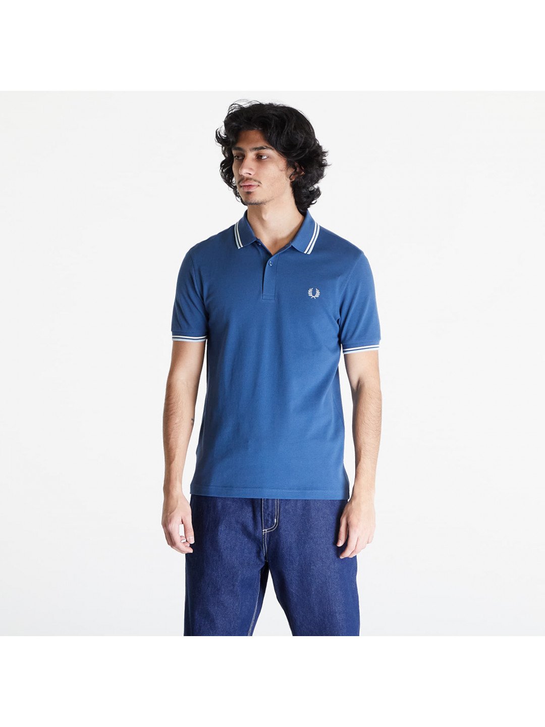 FRED PERRY Twin Tipped Polo Short Sleeve Tee Midnight Blue Ecru Light Ice