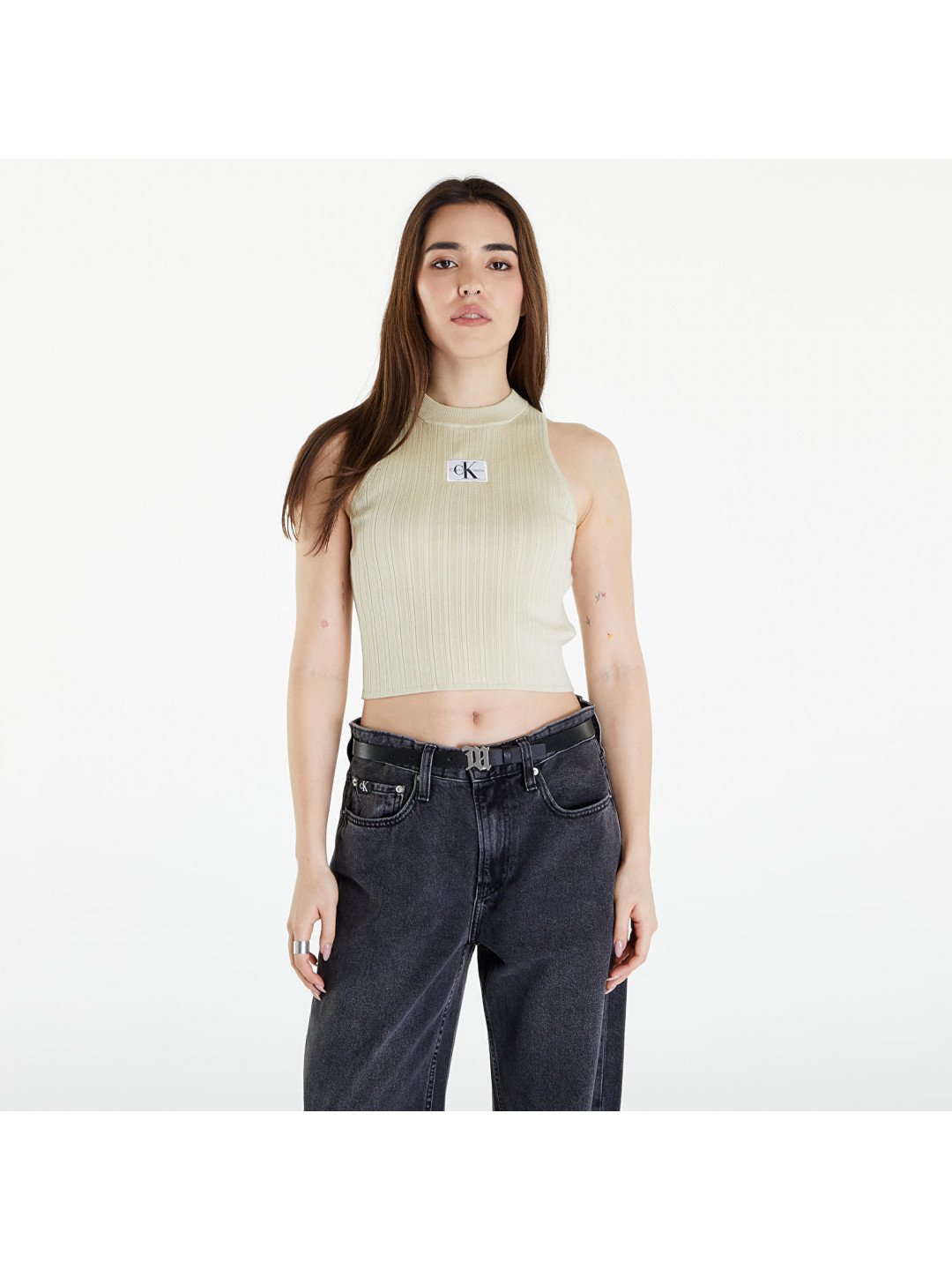 Calvin Klein Jeans Woven Label SweaterTank Top Green Haze