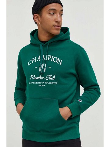 Mikina Champion pánská zelená barva s kapucí s potiskem