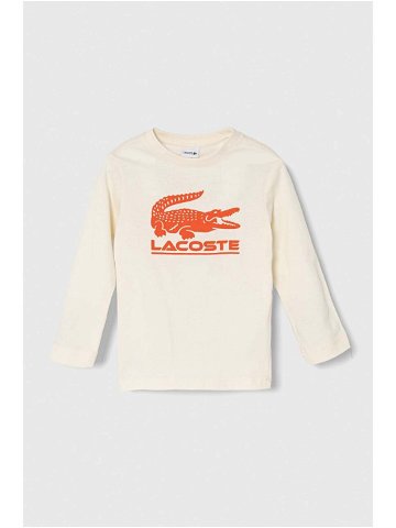Dětské bavlněné tričko s dlouhým rukávem Lacoste béžová barva s potiskem
