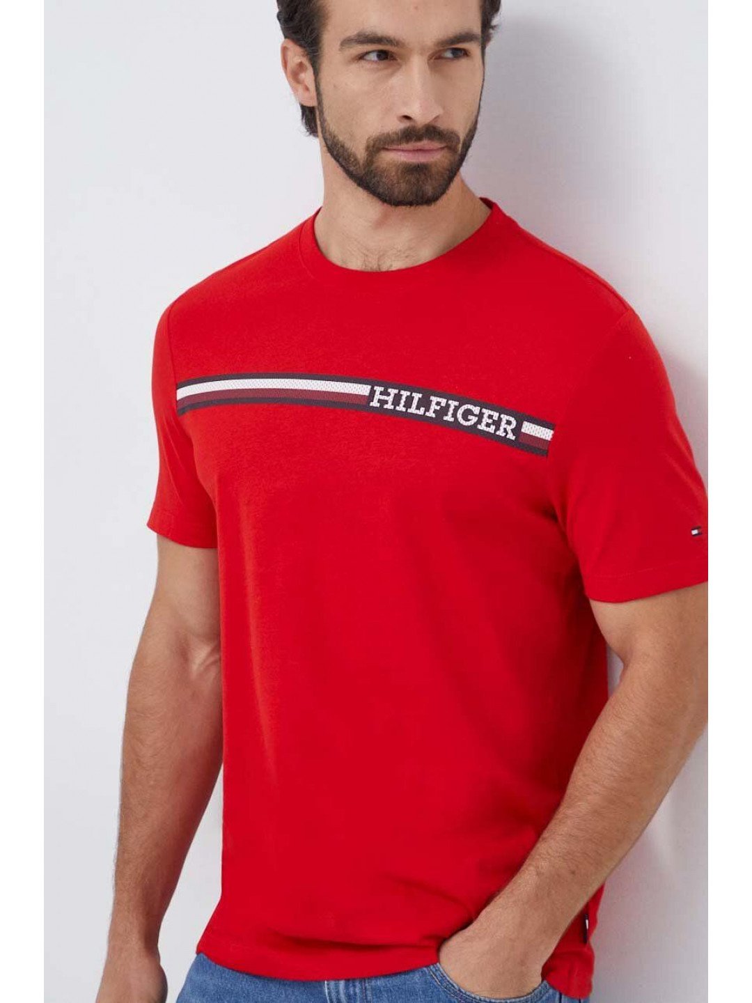 Bavlněné tričko Tommy Hilfiger červená barva s potiskem MW0MW33688
