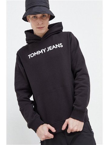 Bavlněná mikina Tommy Jeans pánská černá barva s kapucí s potiskem DM0DM18413