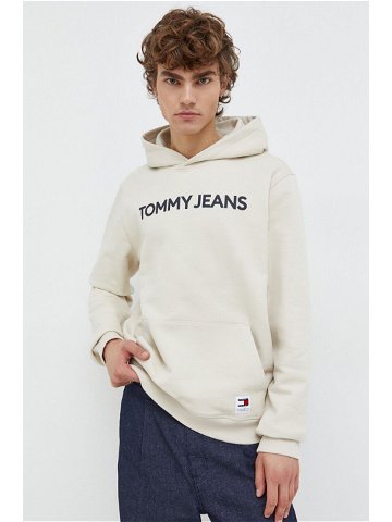 Bavlněná mikina Tommy Jeans pánská béžová barva s kapucí s potiskem DM0DM18413