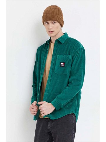 Manšestrová košile Tommy Jeans zelená barva relaxed s klasickým límcem