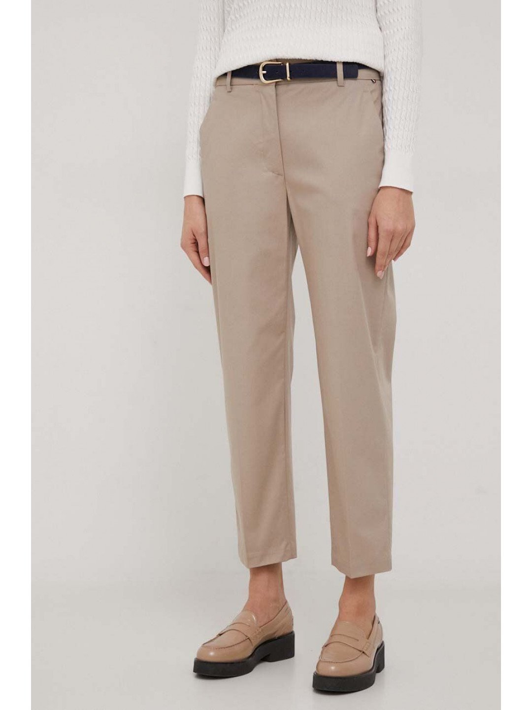 Kalhoty Tommy Hilfiger dámské béžová barva jednoduché high waist WW0WW40504