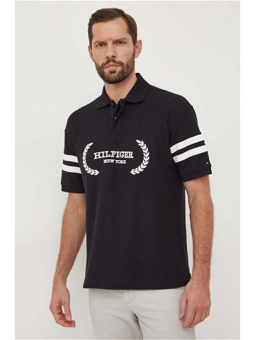 Bavlněné polo tričko Tommy Hilfiger černá barva s aplikací