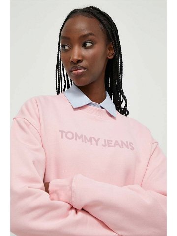 Bavlněná mikina Tommy Jeans dámská růžová barva s potiskem