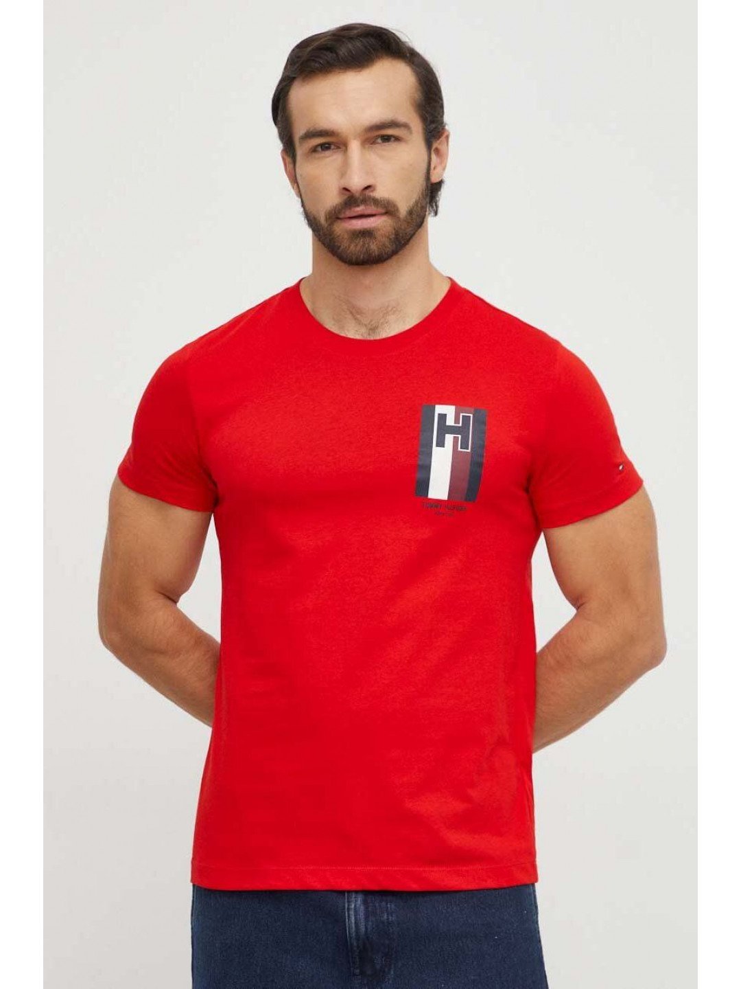 Bavlněné tričko Tommy Hilfiger červená barva s potiskem MW0MW33687