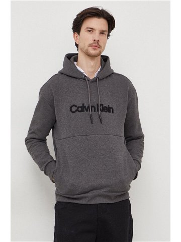 Mikina Calvin Klein pánská šedá barva s kapucí s aplikací