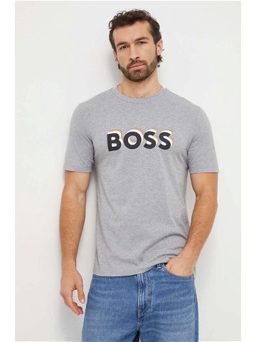 Bavlněné tričko BOSS šedá barva s potiskem