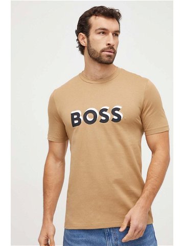 Bavlněné tričko BOSS béžová barva s potiskem 50506923