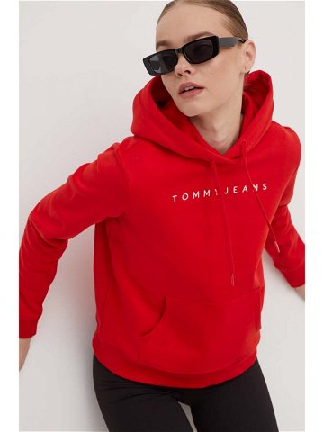 Mikina Tommy Jeans dámská červená barva s kapucí s aplikací DW0DW17324