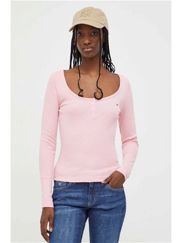 Tričko s dlouhým rukávem Tommy Jeans růžová barva DW0DW17390