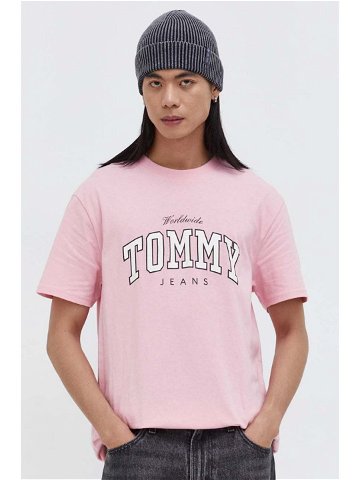 Bavlněné tričko Tommy Jeans růžová barva s potiskem DM0DM18287