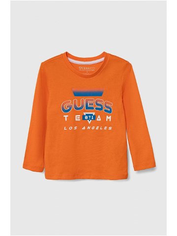 Dětské bavlněné tričko s dlouhým rukávem Guess oranžová barva s potiskem