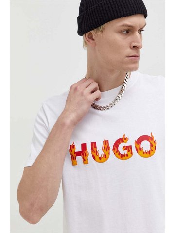 Bavlněné tričko HUGO béžová barva s potiskem 50504542