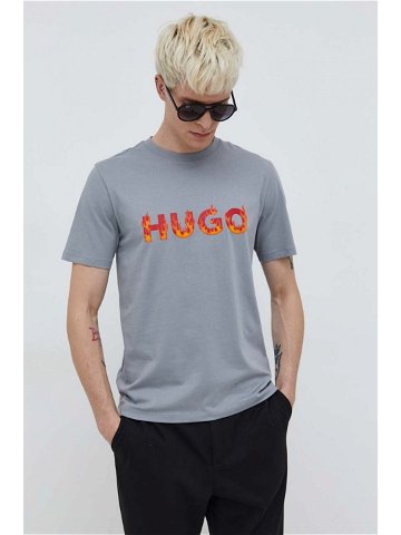 Bavlněné tričko HUGO šedá barva s potiskem 50504542