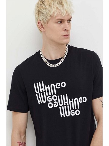 Bavlněné tričko HUGO černá barva s potiskem 50504936