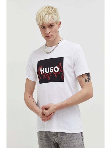 Bavlněné tričko HUGO bílá barva s potiskem 50506989